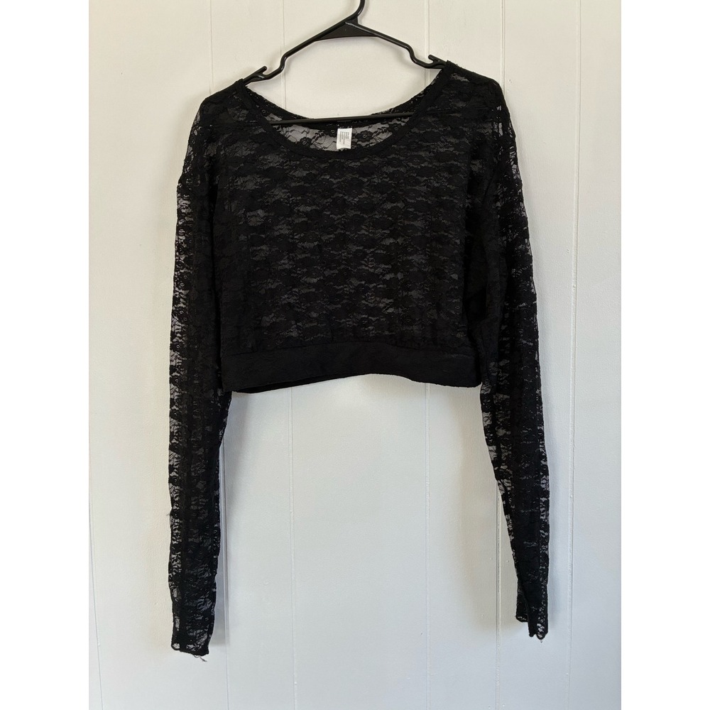 Black Floral Lace Crop Top Sheer Long Sleeve Gothic Romance Aesthetic - Size XXL